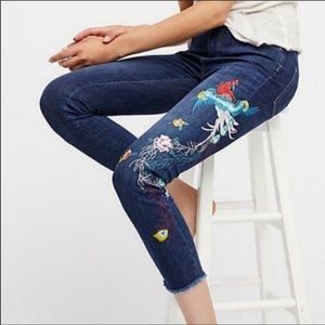Free people embroidered bird flower high rise jeans